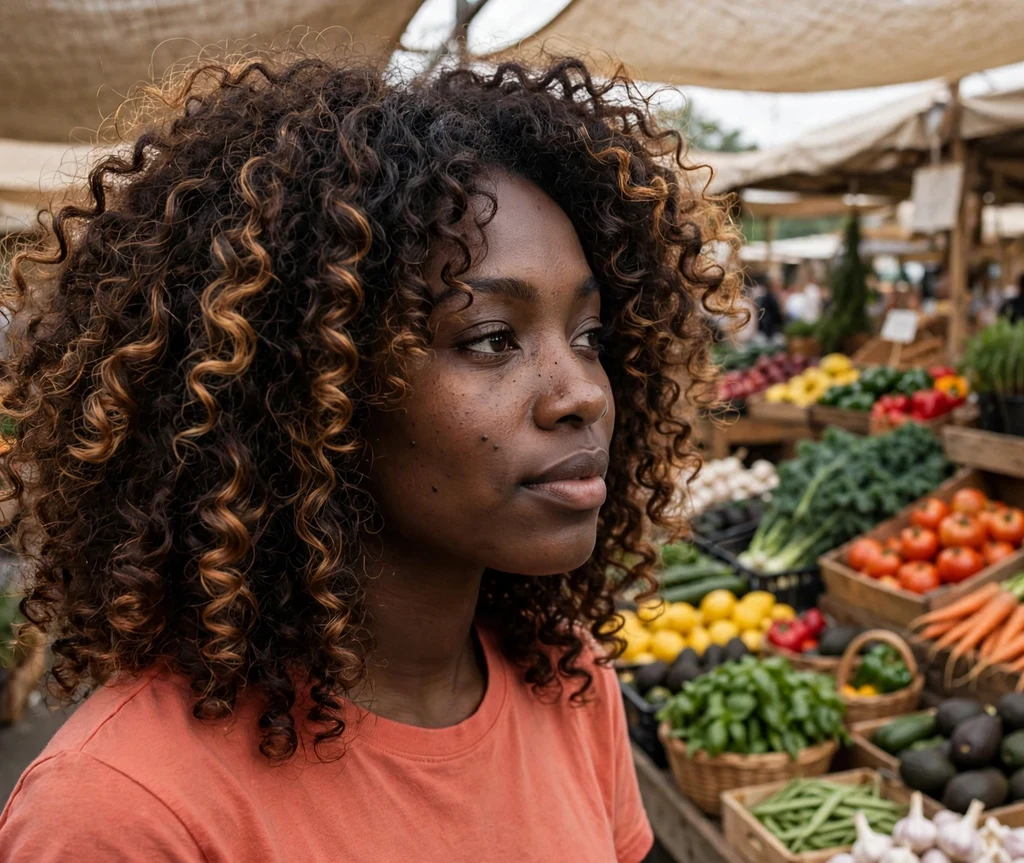 Black woman with curly honey ringlets at a farmers market