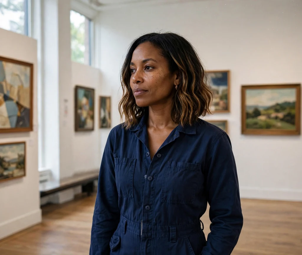 Black woman with a honey brown balayage lob at an art gallery