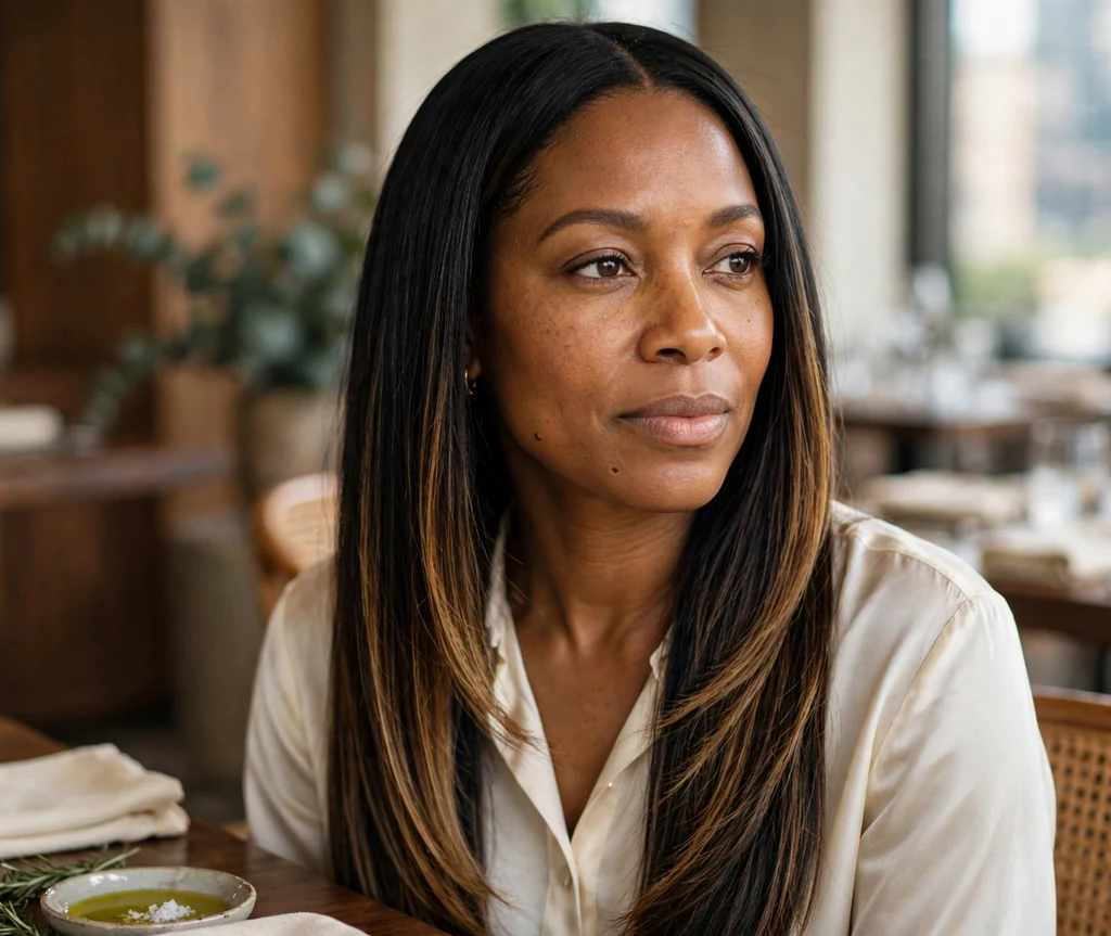 Black woman with silk press honey balayage hair at a restaurant