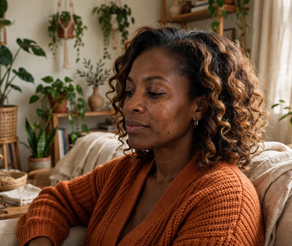 Black woman with a honey balayage twist-out in a cozy living room