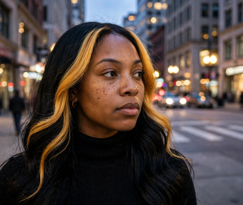 Black woman with a golden honey money piece hairstyle on a downtown street