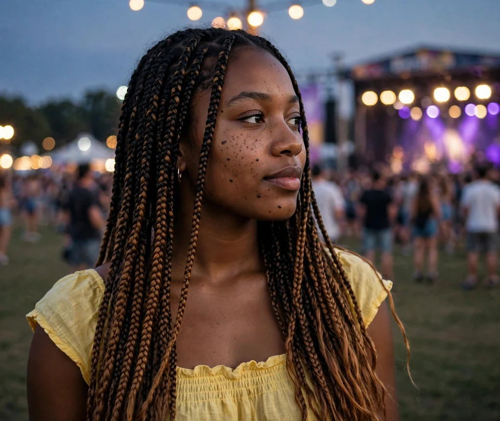 Black woman with honey balayage box braids at a music festival