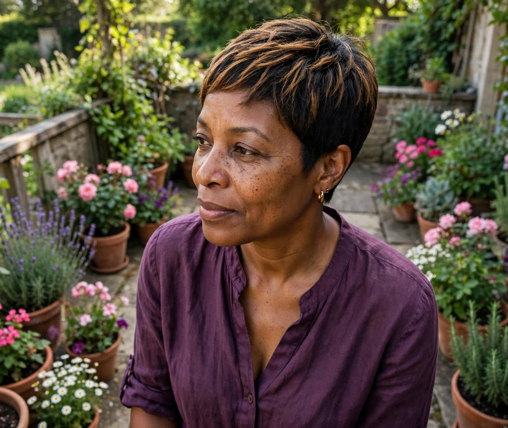 Black woman with a honey brown balayage pixie on a garden terrace