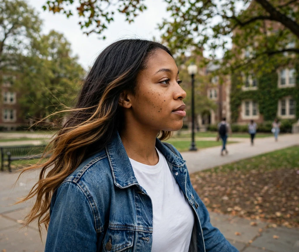 Black woman with honey balayage and dark roots on a college campus