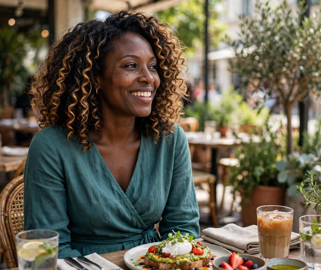 Black woman with caramel-honey balayage curls on a brunch patio