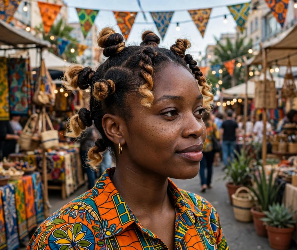Black woman with honey brown balayage bantu knots at a street fair