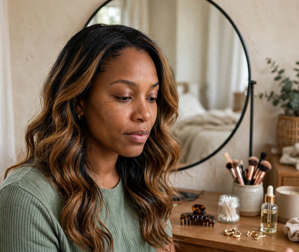 Black woman wearing a honey balayage protective wig at a vanity