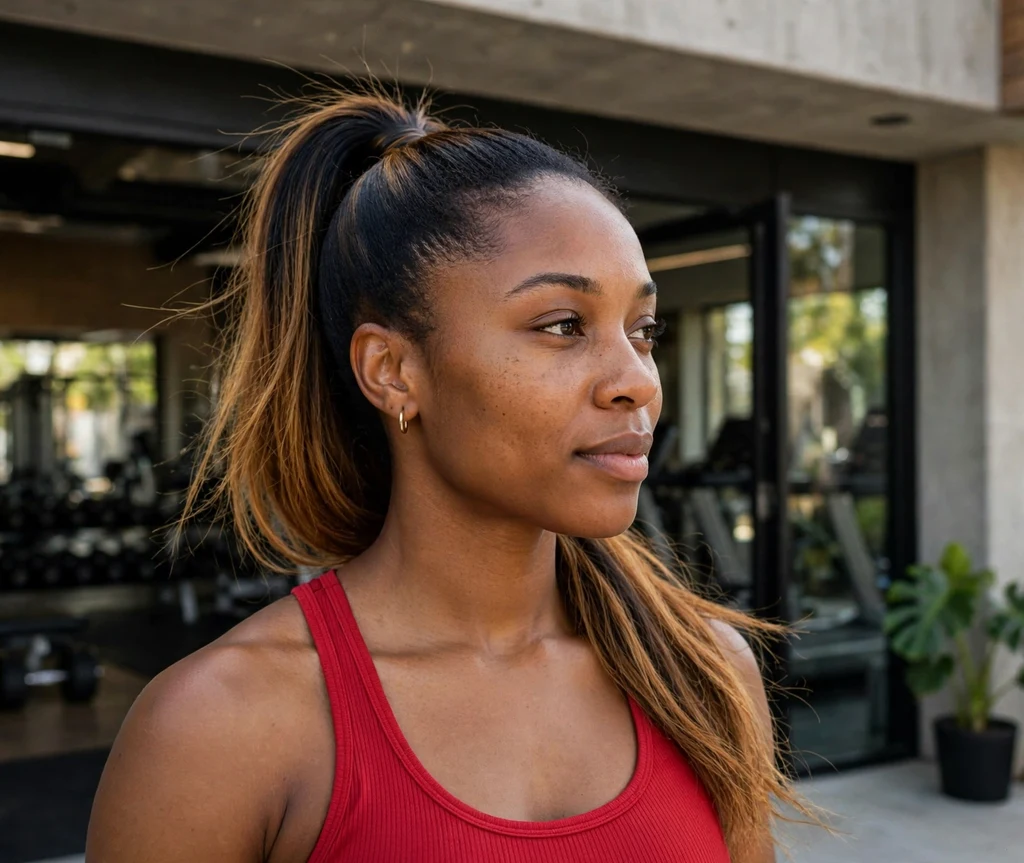 Black woman with a honey brown balayage ponytail at a gym entrance