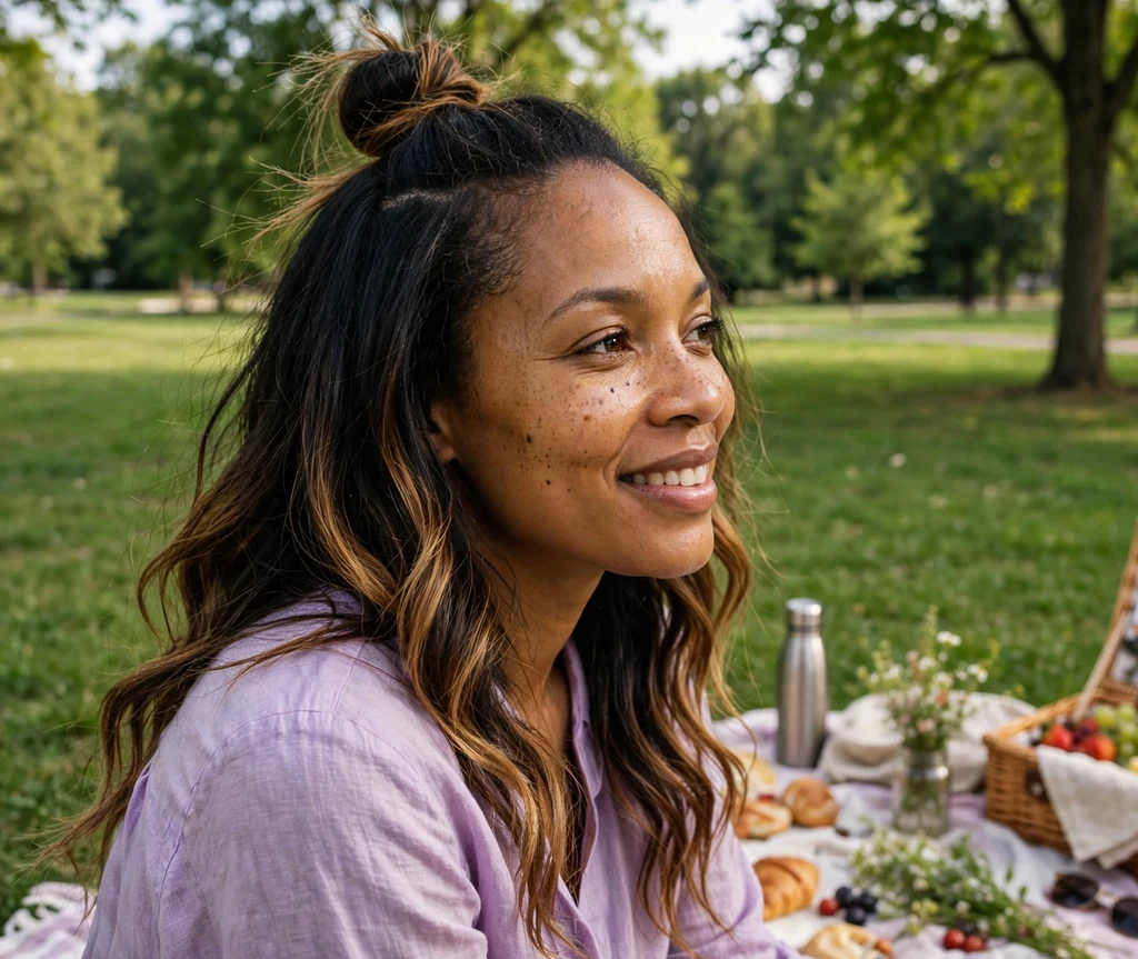 Black woman with honey balayage half-up half-down hair at a park picnic