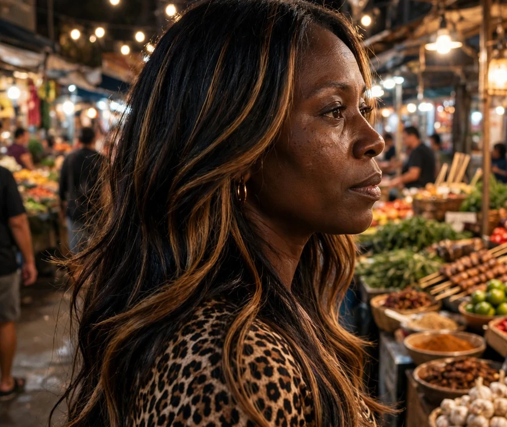 Black woman with chunky honey balayage highlights at a night market