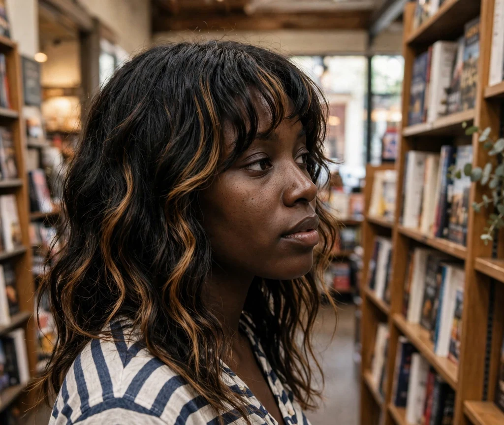 Black woman with honey balayage curtain bangs in a bookstore