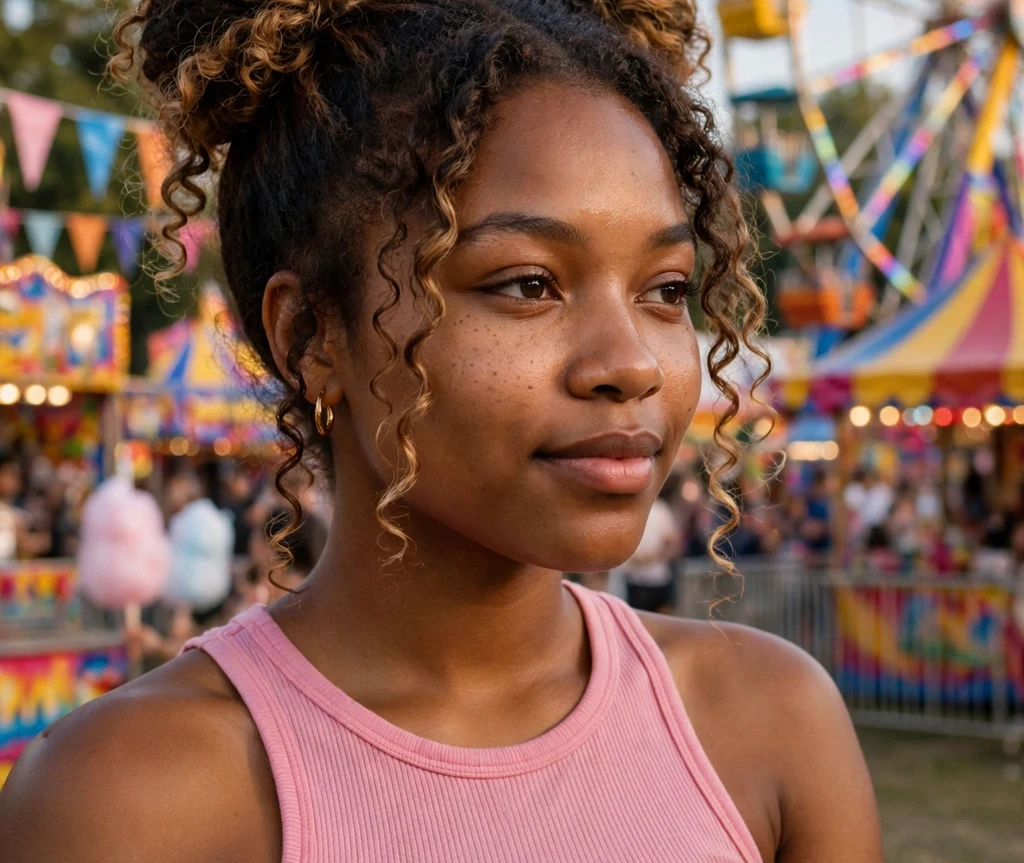 Black woman with honey brown balayage space buns at a summer carnival