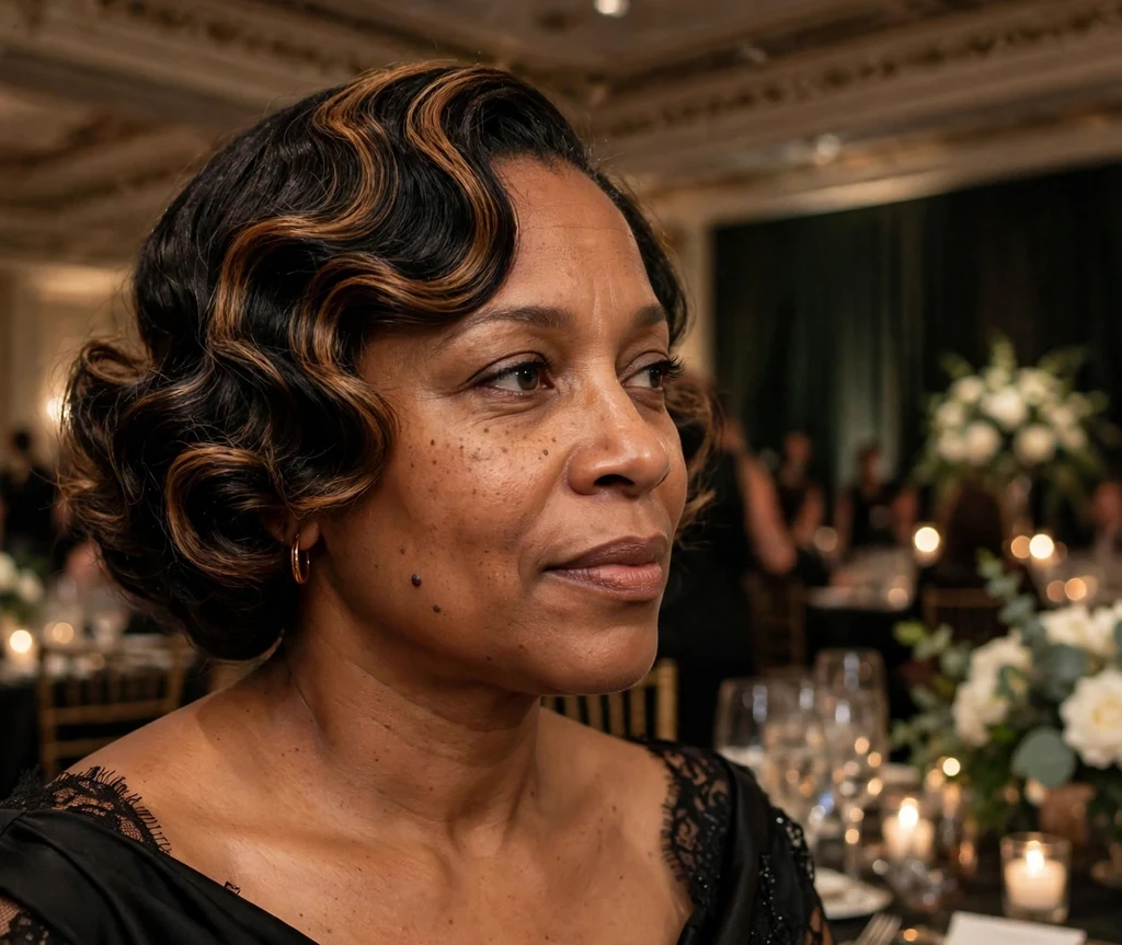Black woman with honey balayage finger waves at a gala