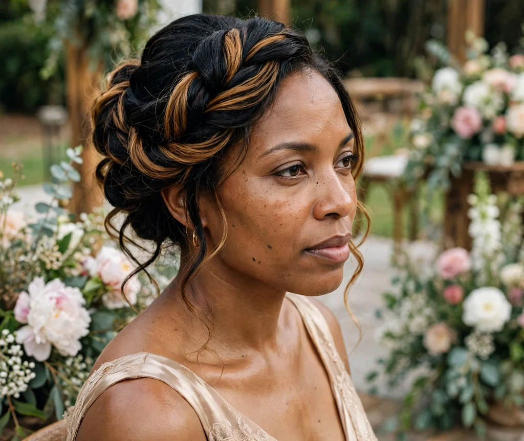 Black woman with a honey brown balayage updo at a wedding venue