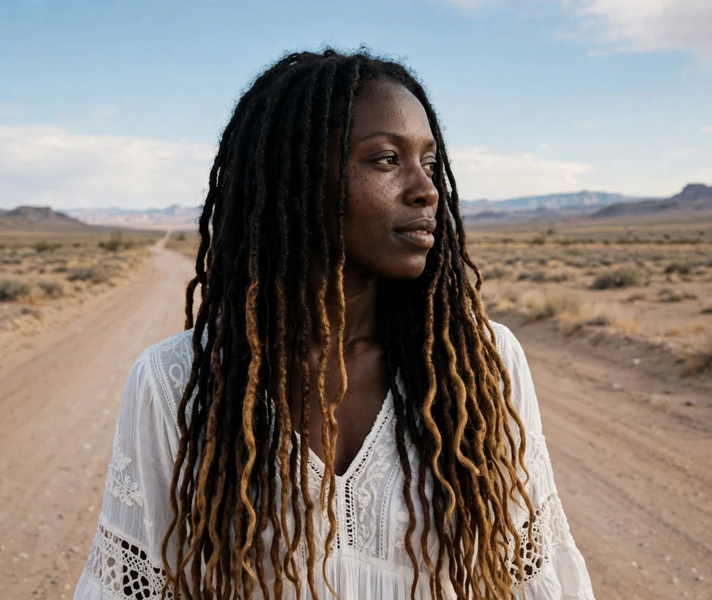 Black woman with honey balayage goddess locs on a desert road trip