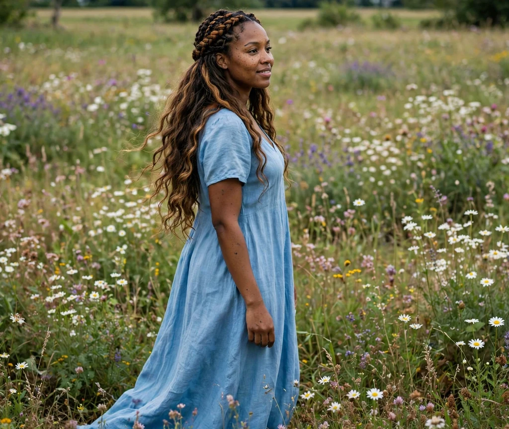 Black woman with a honey balayage braided crown in a flower field