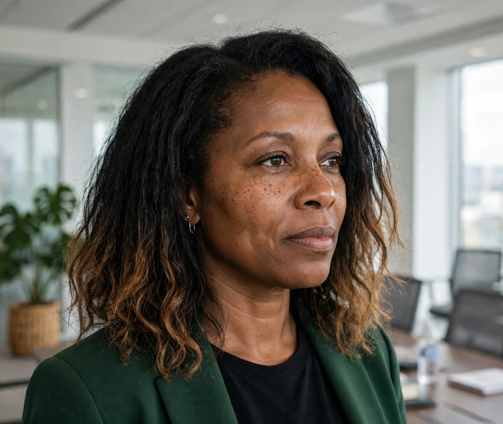 Black woman with honey balayage kinky straight hair in a conference room