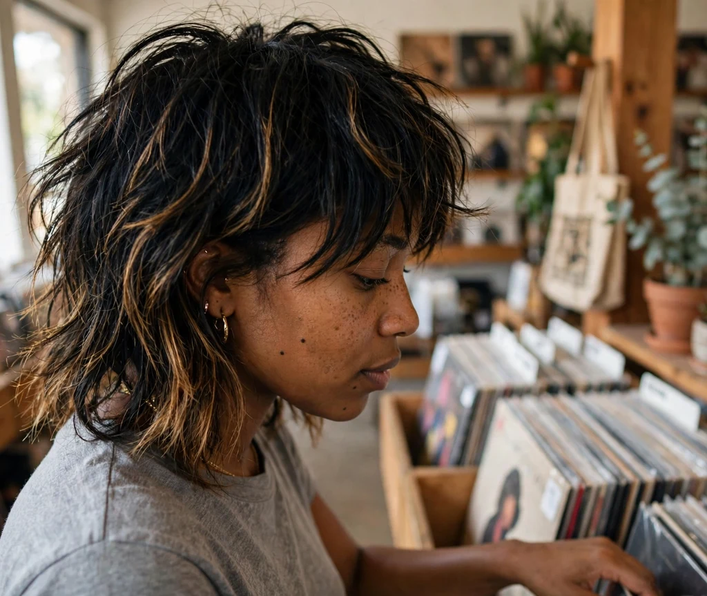 Black woman with a honey brown balayage shag at a record store