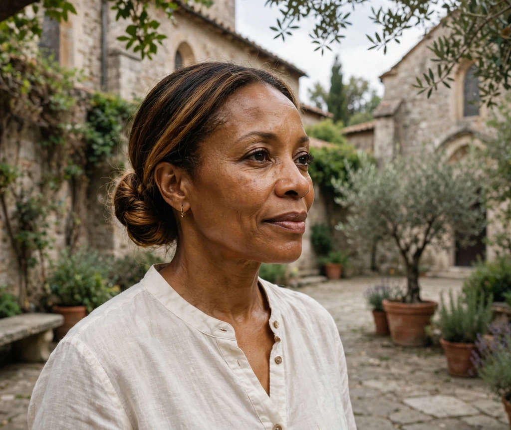 Black woman with a honey balayage low bun in a church courtyard