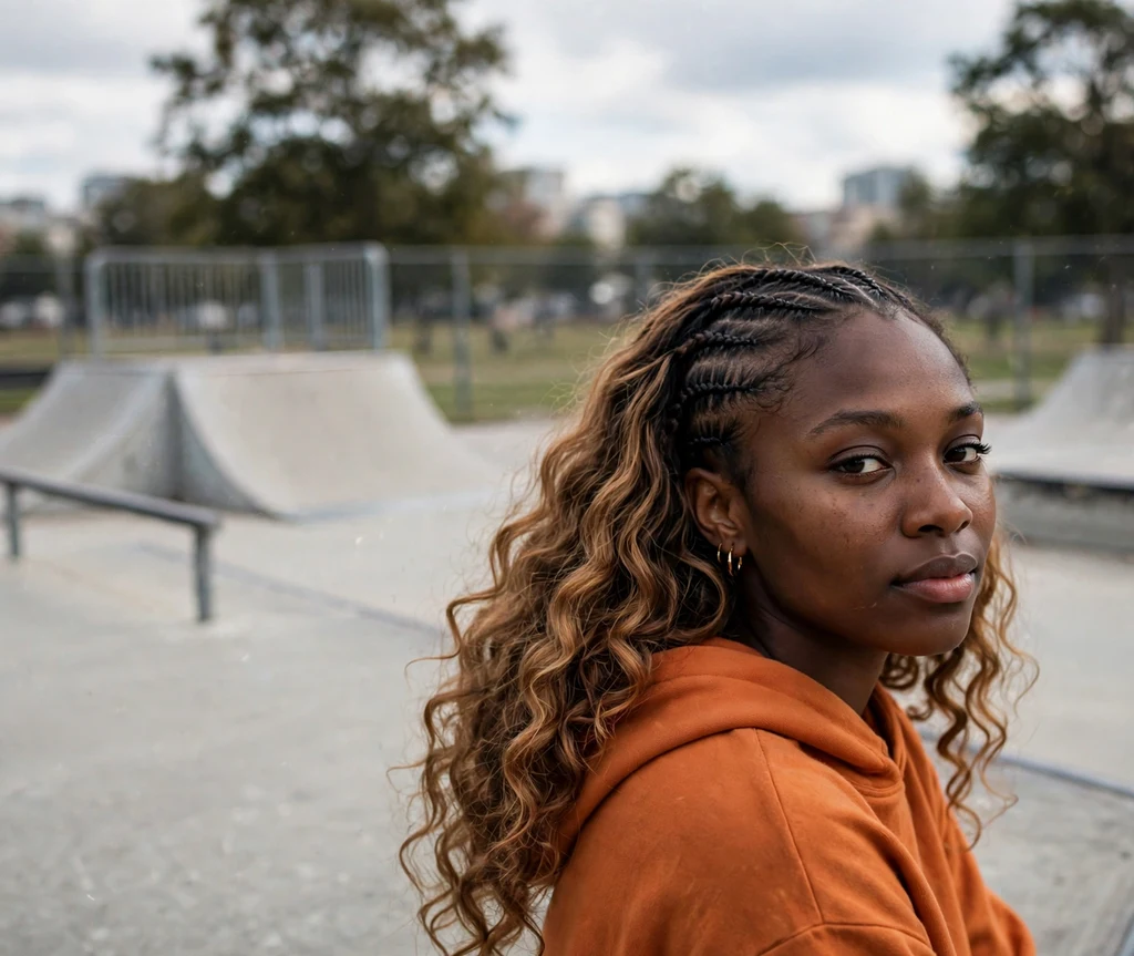Black woman with honey balayage hair and cornrow accents at a skate park