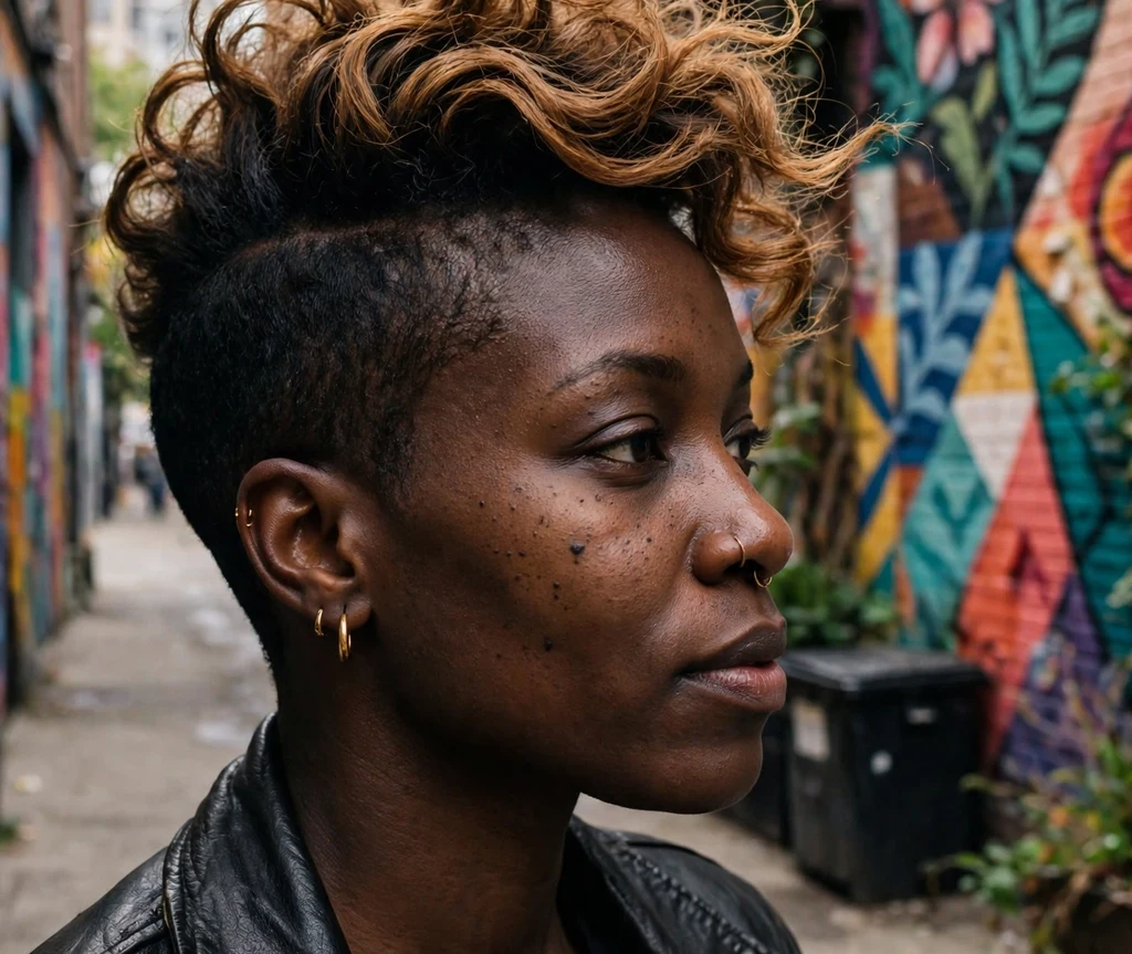 Black woman with a honey balayage faux hawk in a city alley