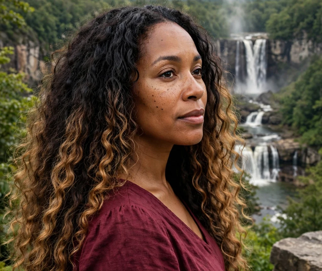 Black woman with honey brown balayage waterfall curls at a waterfall overlook