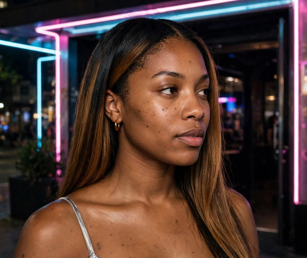Black woman with sleek honey balayage middle-part hair at a nightclub entrance