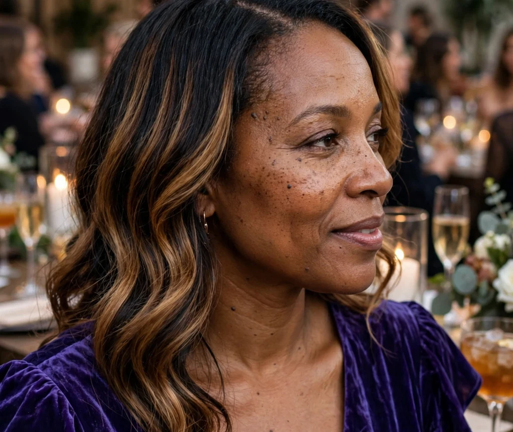 Black woman with a honey brown balayage side sweep at a cocktail party