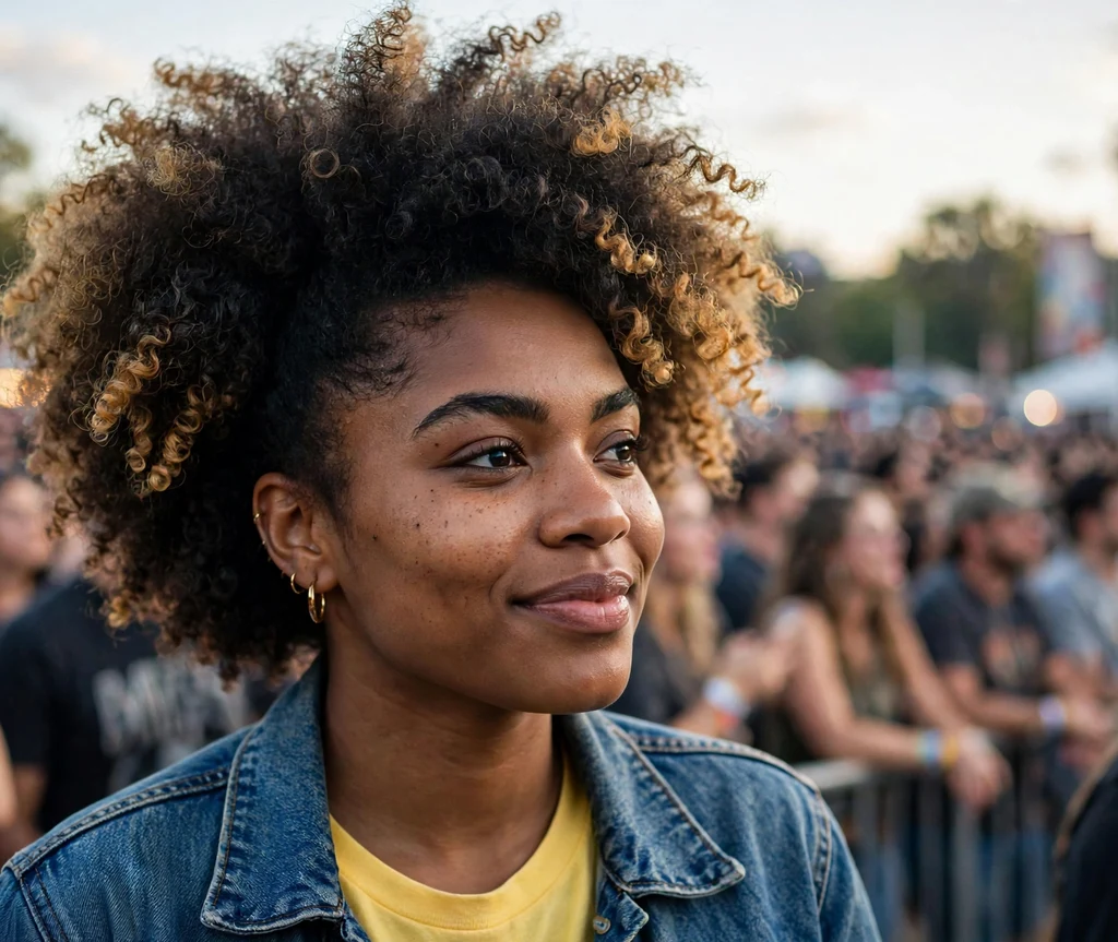 Black woman with a honey balayage afro puff at an outdoor concert