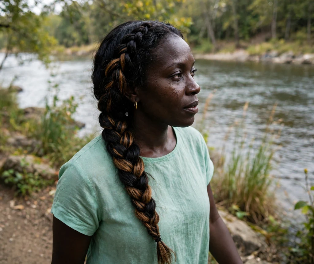 Black woman with a honey brown balayage French braid on a riverside trail