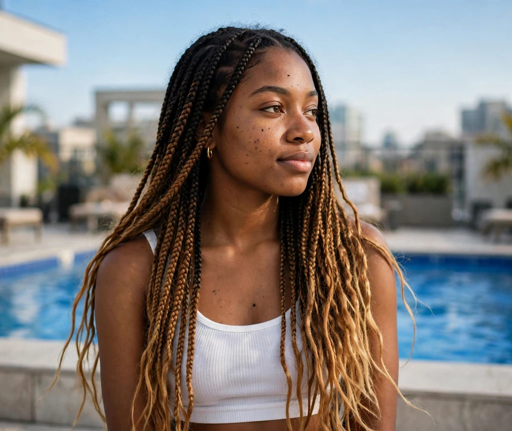 Black woman with honey balayage knotless braids at a rooftop pool