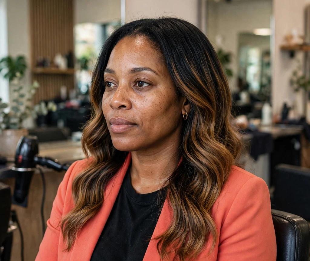 Black woman with a honey brown balayage sew-in at a salon