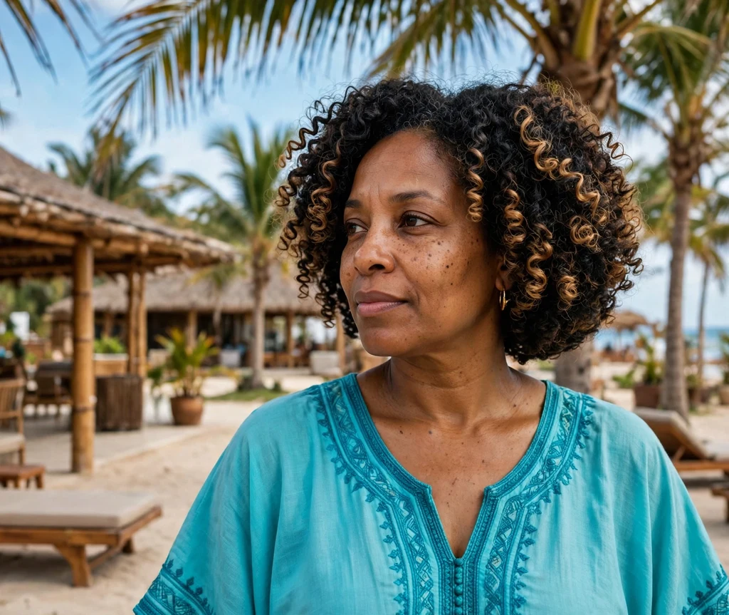 Black woman with a honey balayage coily bob at a beach resort