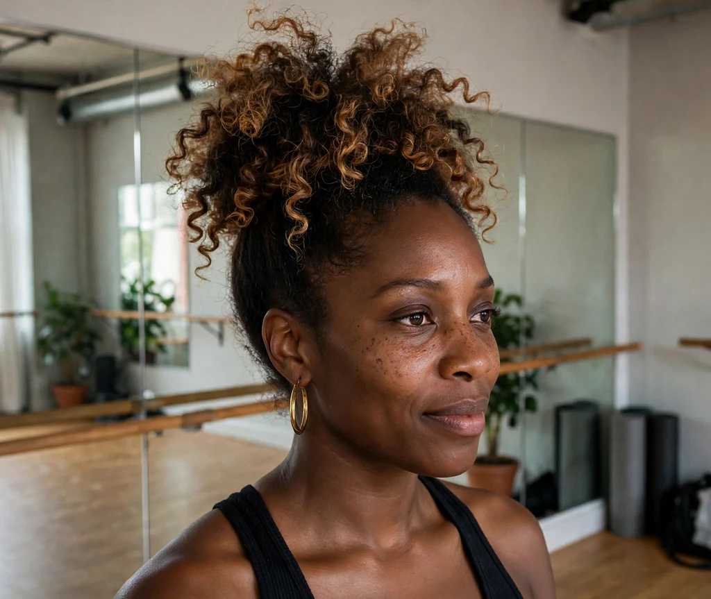 Black woman with a honey brown balayage pineapple updo in a dance studio