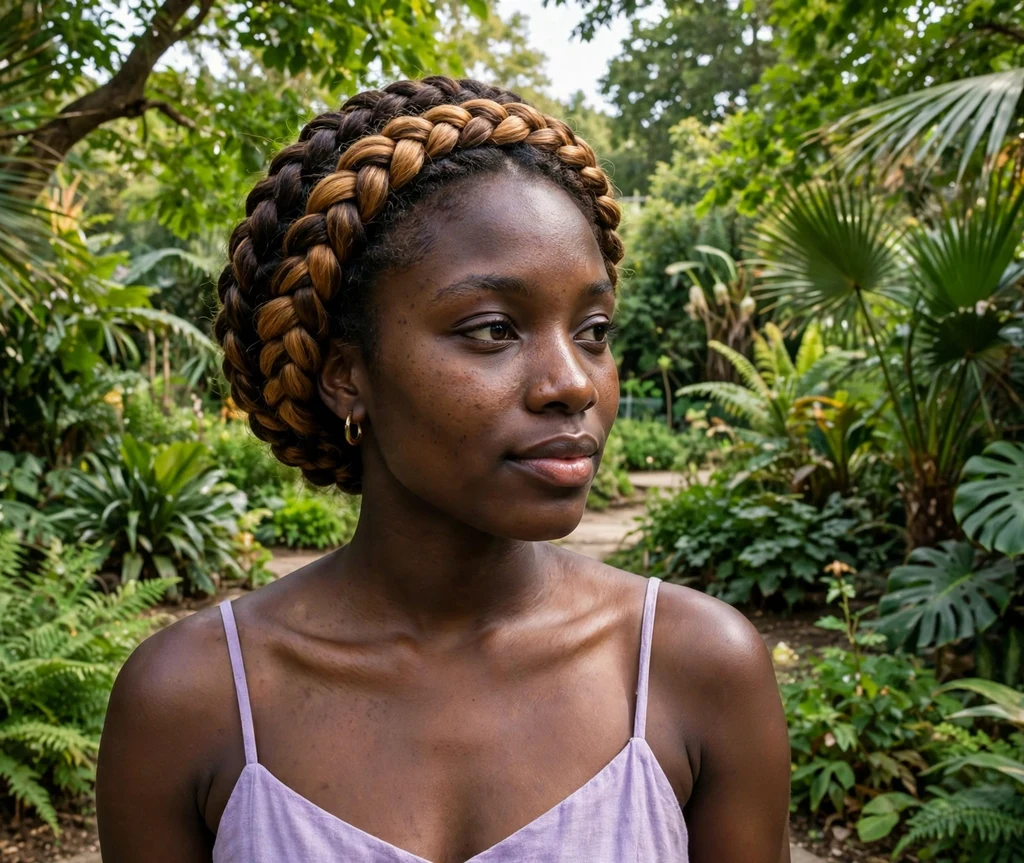 Black woman with a honey balayage halo braid in a botanical garden