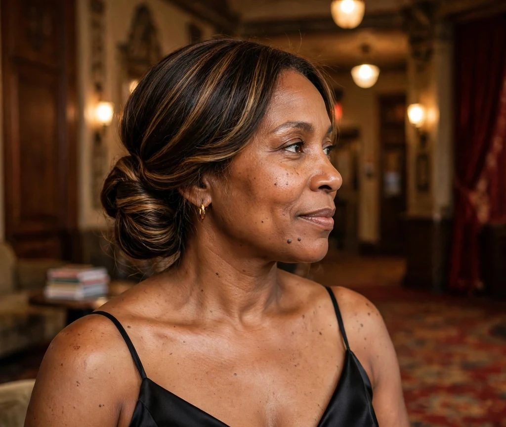 Black woman with a honey brown balayage chignon in a theater lobby