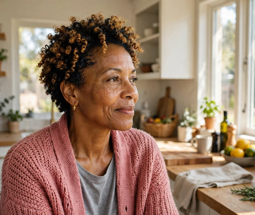 Black woman with honey balayage defined coils in a sunny kitchen