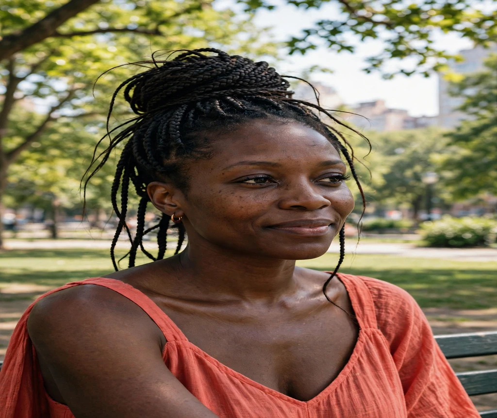 Black woman with long box braids in a high bun at a city park
