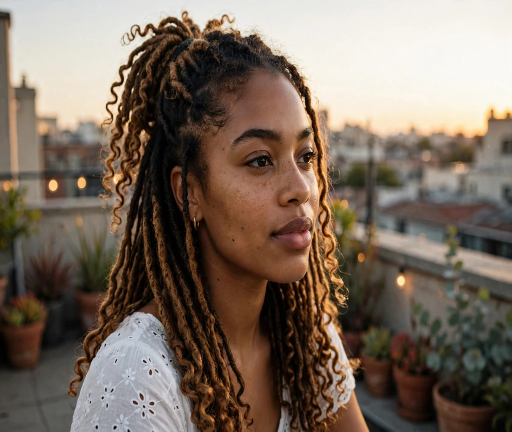 Black woman with goddess locs styled half-up on a rooftop terrace