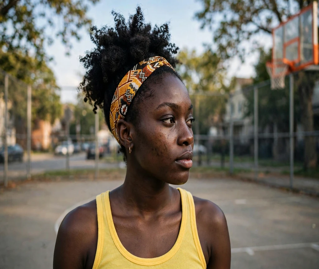 Black woman with a high natural puff and printed headband at a basketball court