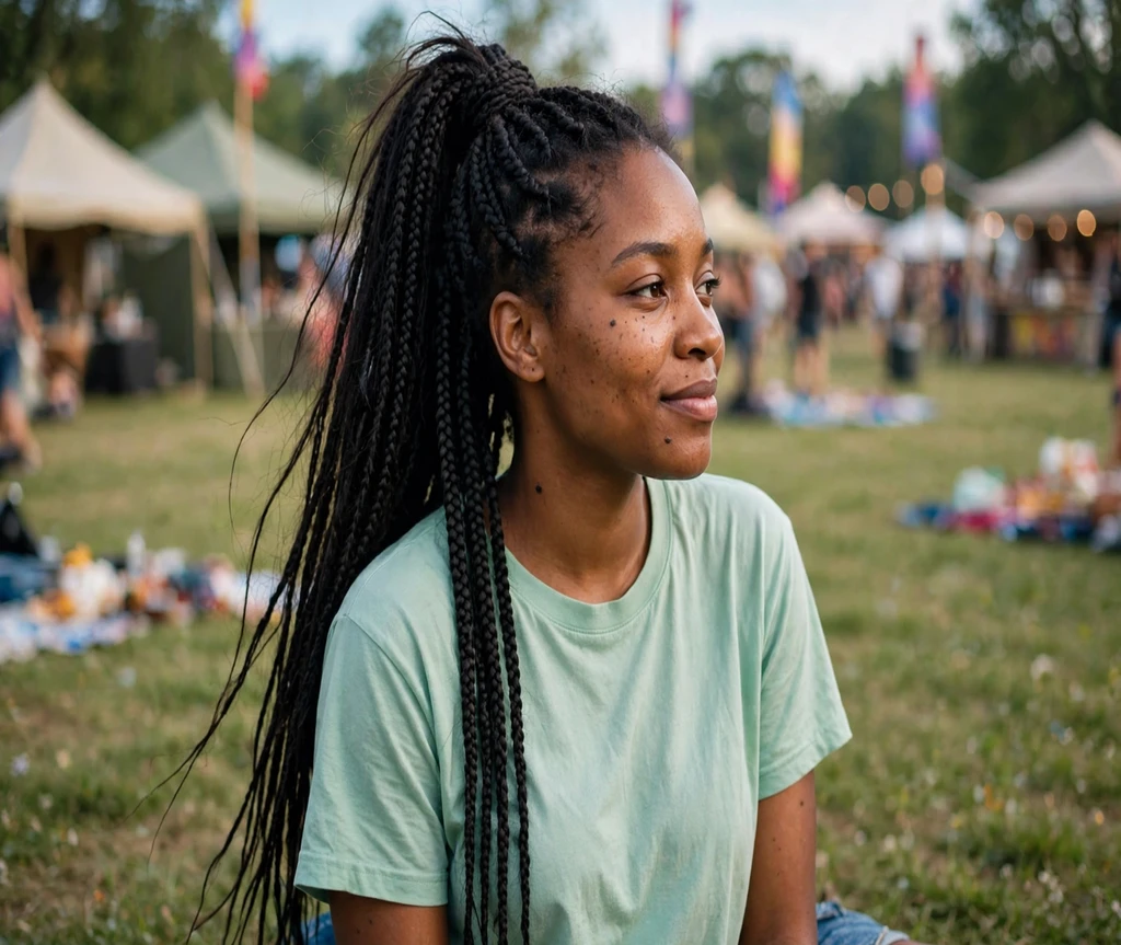 Black woman with knotless braids in a high ponytail at a music festival