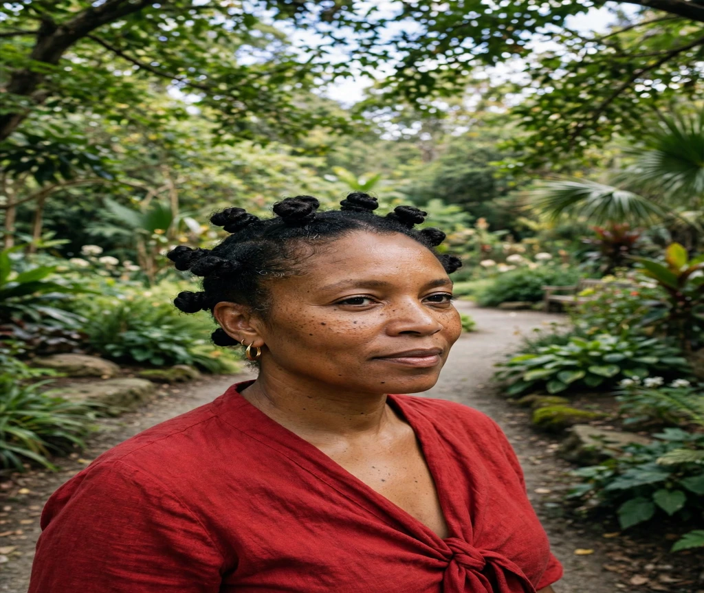 Black woman with bantu knots arranged as a crown in a botanical garden