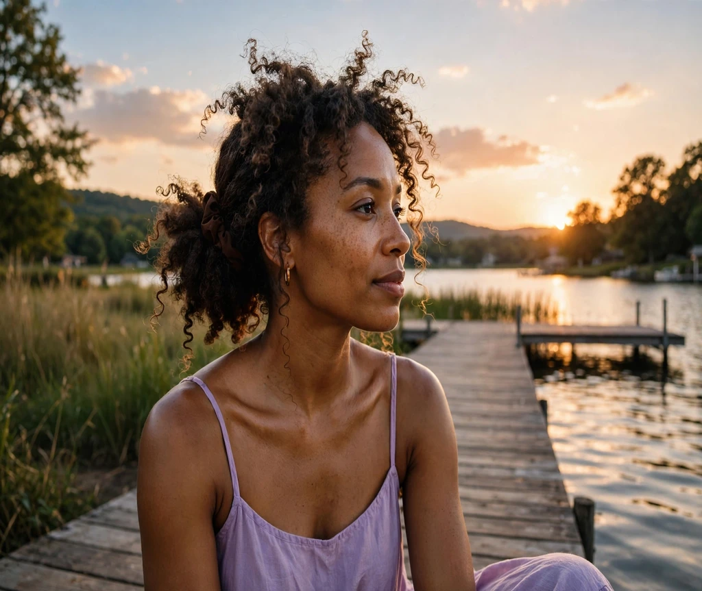 Black woman with a low pineapple puff of natural curls on a lake dock