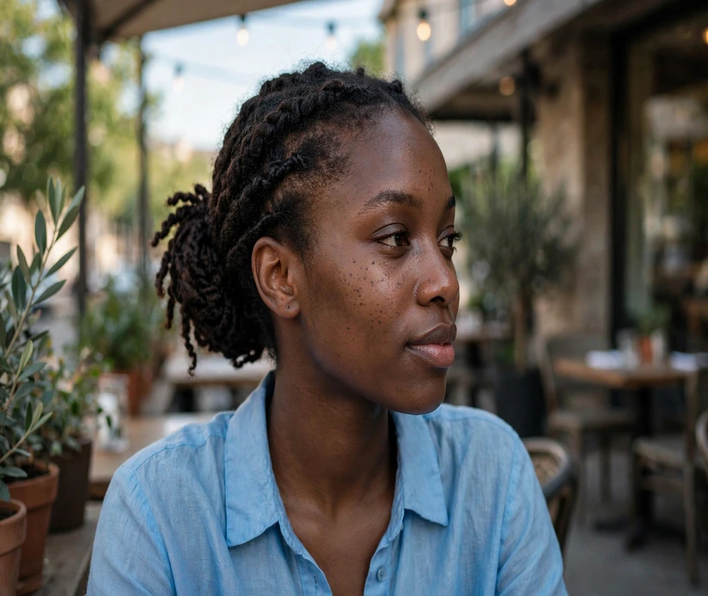 Black woman with passion twists in a low bun at a cafe patio