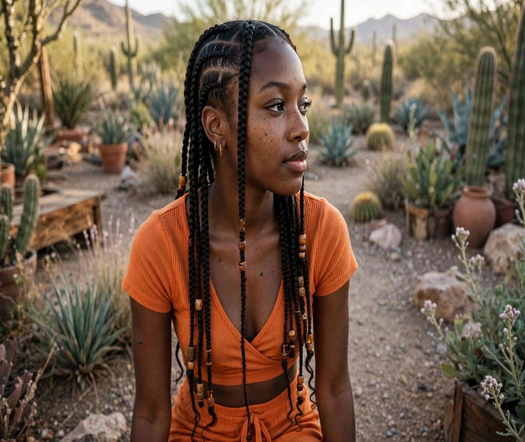 Black woman with long Fulani braids with beads in a desert garden