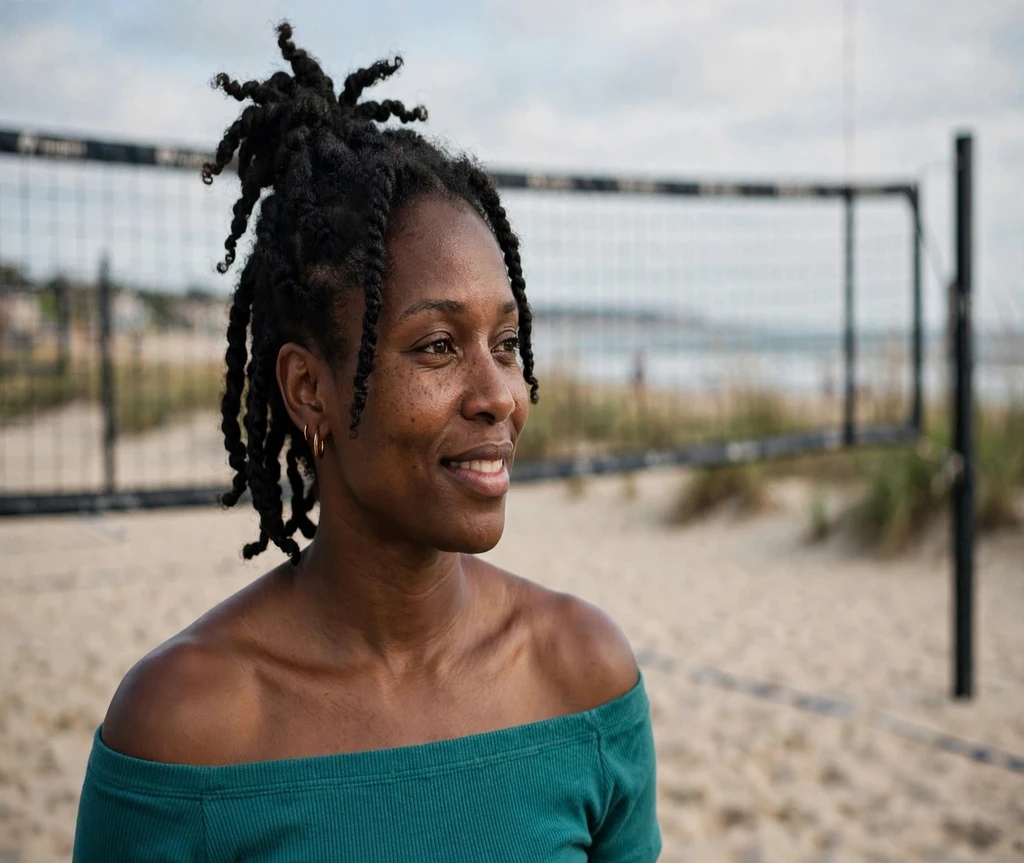 Black woman with chunky two-strand twists in a top knot at a beach volleyball net