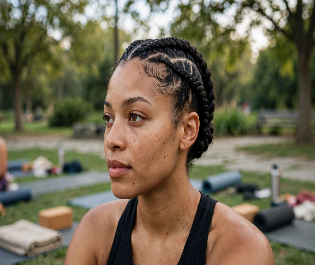 Black woman with cornrows braided into a crown in an outdoor yoga park