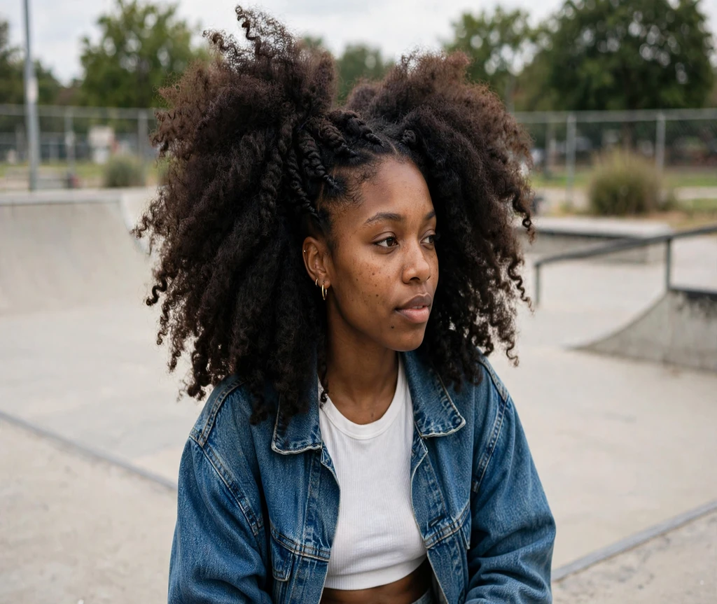 Black woman with a big voluminous twist-out at a skate park