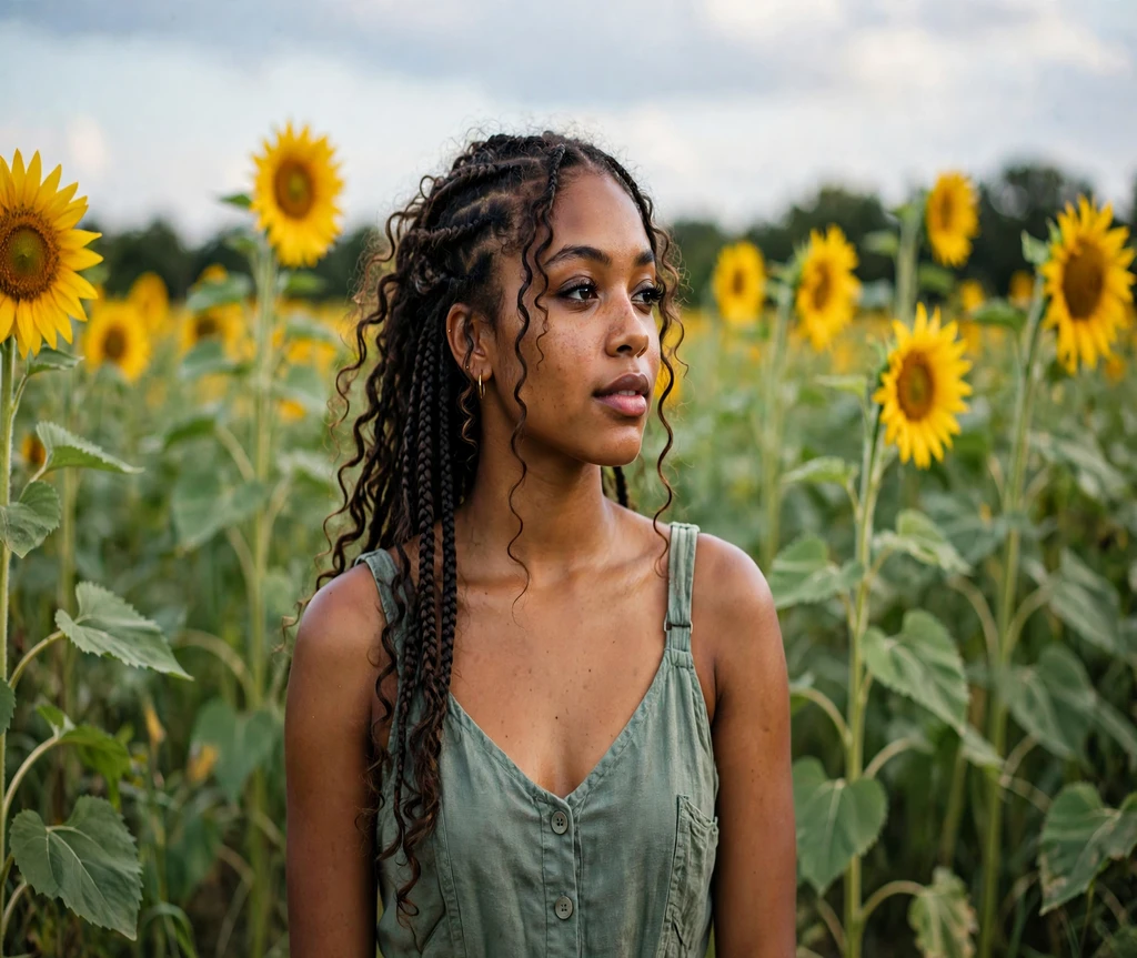 Black woman with boho goddess braids in a sunflower field