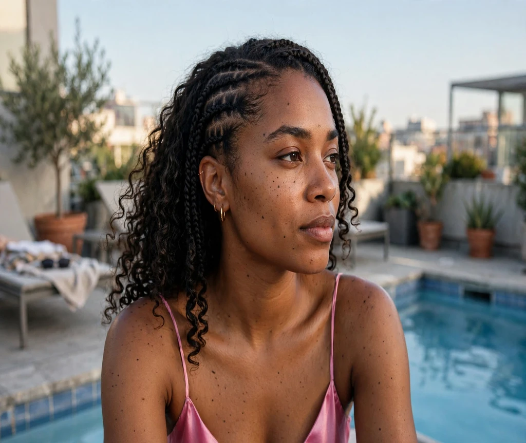 Black woman with flat twists swept to one side at a rooftop pool